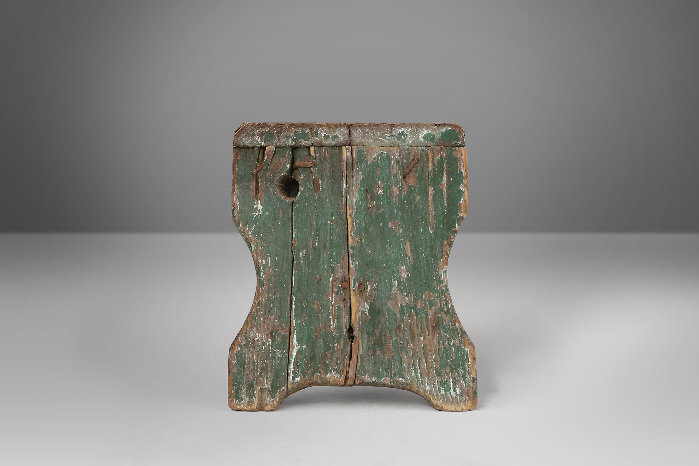 Industrial green wooden stool with nice patina, France 1900thumbnail